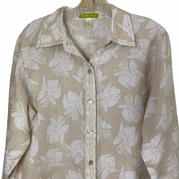 Sigrid Olsen Linen Beige Floral Graphic Shirt M - Picture 2 of 8